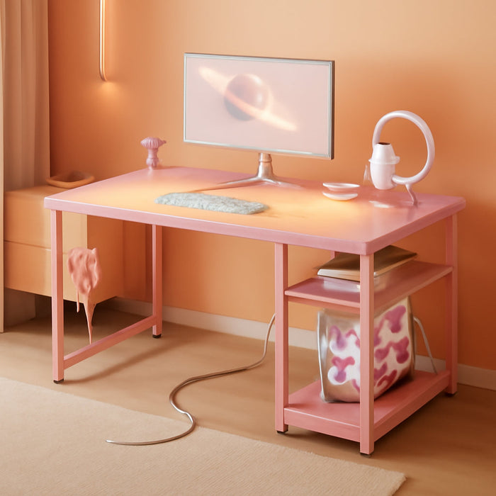 Pink Gaming Desk with Led Lights & Power Outlet, 40 Inch Small Gaming Computer Desk with Shelves, Reversible Gamer Desk with Adjustable Monitor Stand & Headphone Hook, Carbon Fiber Texture