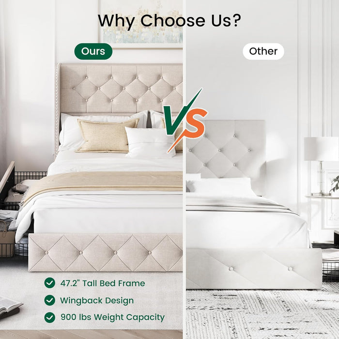 Queen Size Bed Frame with 4 Storage Drawers and Tufted Headboard Linen Upholstered Platform Bed Frame Wingback Beds with Wooden Slats Support, Easy Assembly, Beige