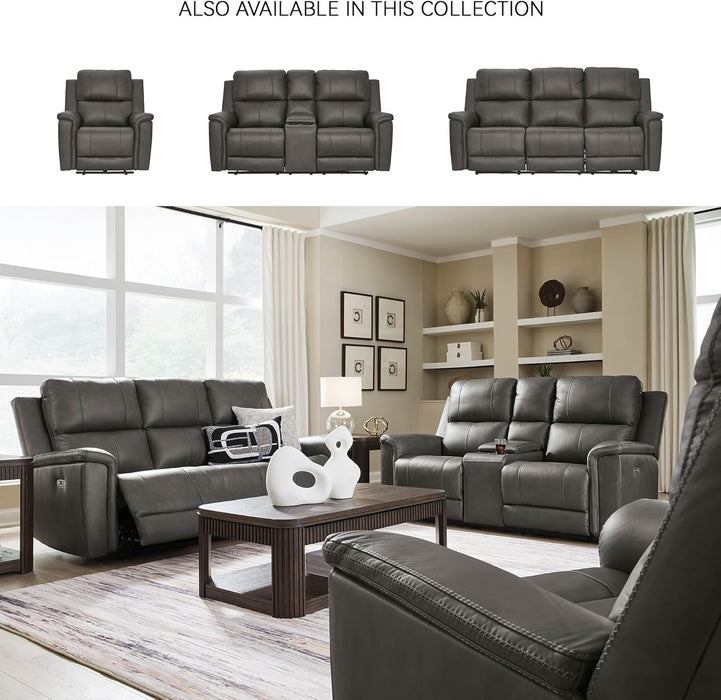 Signature Design by Ashley Burnley Contemporary Leather Match Power Reclining Sofa with Adjustable Headrest and USB Charging Port, Gray