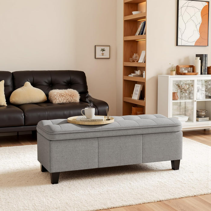 47 Inches Ottoman with Storage, Storage Bench with Legs, Ottomans for Living Room, Entryway, Adjustable & Movable, Easy Assembly, Linen Fabric Light Gray