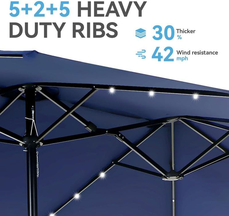 15 Ft Large Outdoor Patio Umbrella with Solar Led Lights & Base Included, Double-Sided Rectangular Table Umbrella with Stand, Market Umbrellas for Deck Poolside Garden Backyard, Navy Blue