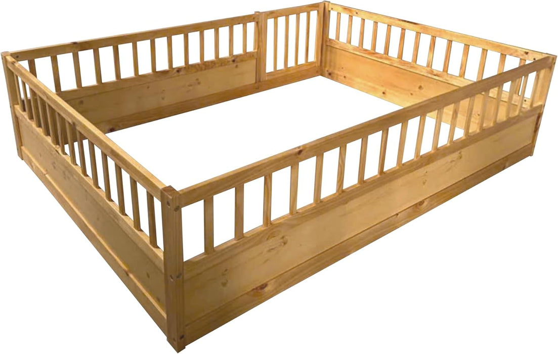 Full Size Montessori Floor Bed with Door for Kids Bedroom,Solid Wood Playhouse Bedframe W/Safety High Fence,Easy Assembly, No Box Spring Needed, Natural