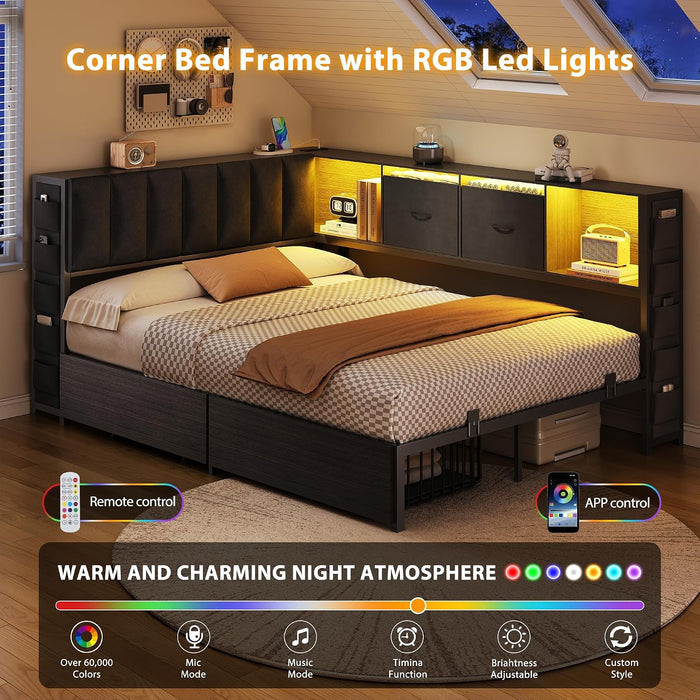 Full Corner Bed Frame with Upholstered Storage Headboard and Drawers, Metal Platform Bed Frame with LED Light and Charging Station, Full Daybed for Living Room, Bedroom & Guest Room, Black