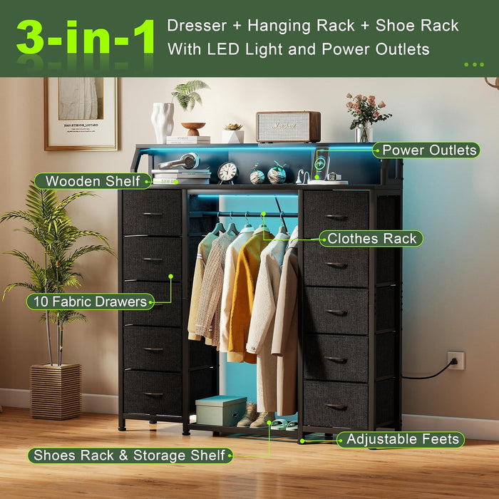 51" Dresser with Hanging Rack, 10 Drawers Closet Dresser