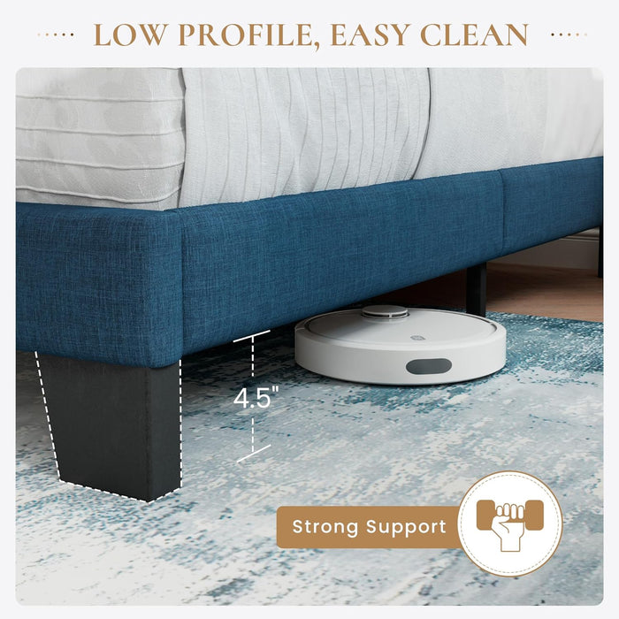 Full Platform Bed Frame with Upholstered Fabric Headboard, Mattress Foundation with Strong Wooden Slats Support, No Box Spring Needed, Blue
