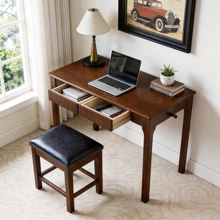 100% Solid Wood Desk with Drawers, Small Home Office Writing Wooden Desk, Vintage Wood Desk for Small Spaces, Bedroom, Work Study Computer Table with Fluted Design and Hooks(Walnut)