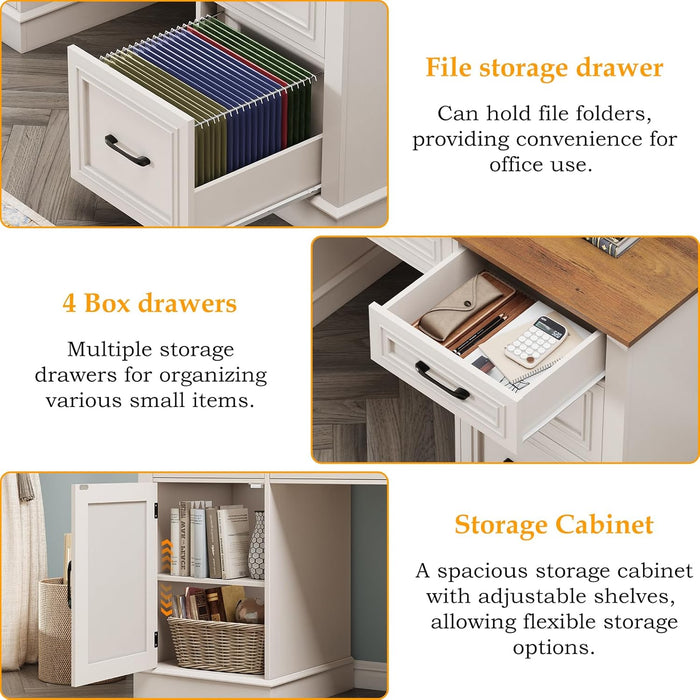 67" H Farmhouse Executive Desk with Hutch.Wood Workstation with 5 Drawers,Storage Cabinet,File Drawers and Charging Station, Ideal as Office Desk,Computer Desk for Home Office, Study(White