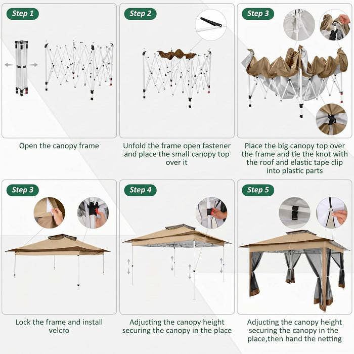 12X12 Pop up Gazebos on Clearance - Upgrade Easy up Metal Outdoor Gazebo Waterproof - Portable Gazebo with Mosquito Nettings, 4 Ropes 8 Stakes and Carry Bag for Patio Garden(Coffee)