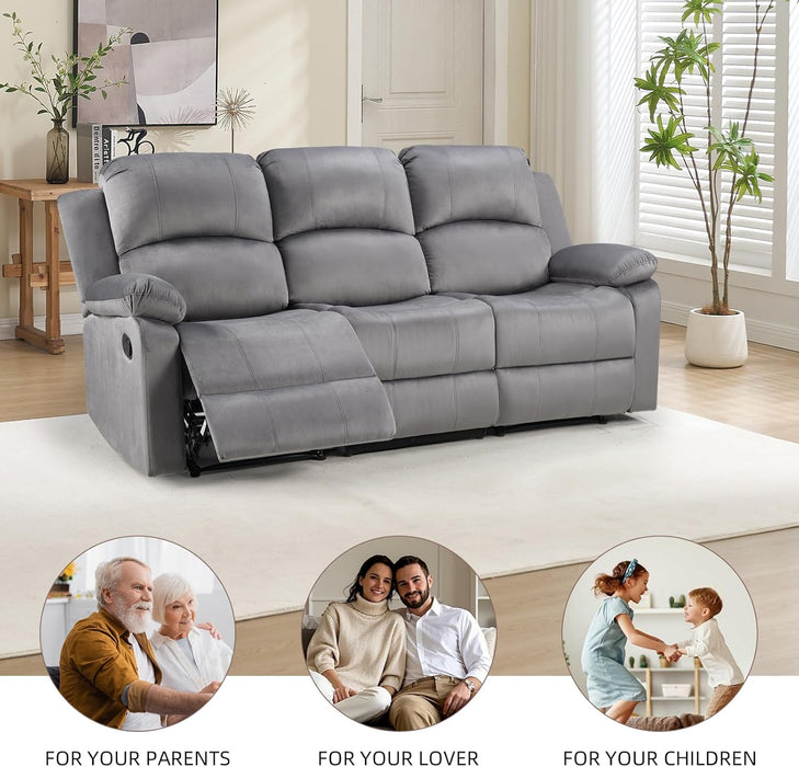 Manual Reclining Couch Set for Living Room, Include 1 Recliner Chair, 3 Seat Sofa, Soft Microfiber Recliner Sofa Furniture Set for Home and Office, Grey