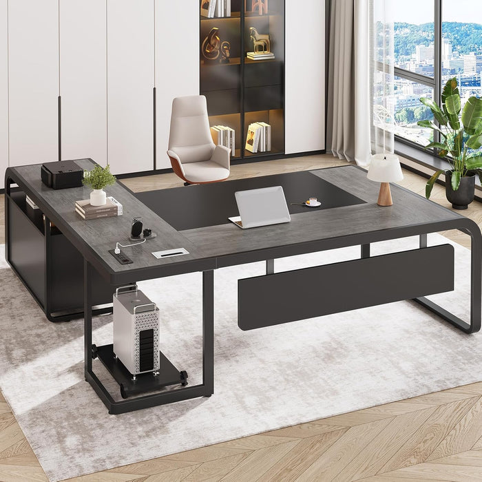 61 Inch Executive Desk, Large Office Desk with File Drawer, L Shaped Desk with Drawers, Computer Desk with Mobile CPU Stand, Storage Shelves, Power Outlets for Home Office, Gray