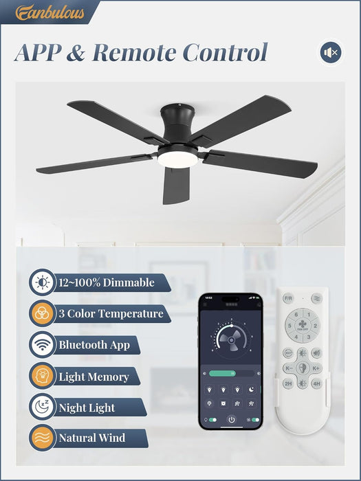 FiftyTwoInch MatteBlack Ultramodern Ceiling Fan LED Remote