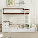 Twin over Twin Bunk Bed Twin Size Trundle, Wood Twin Bunk Bed with USB Ports, Storage and Desk, White+Walnut