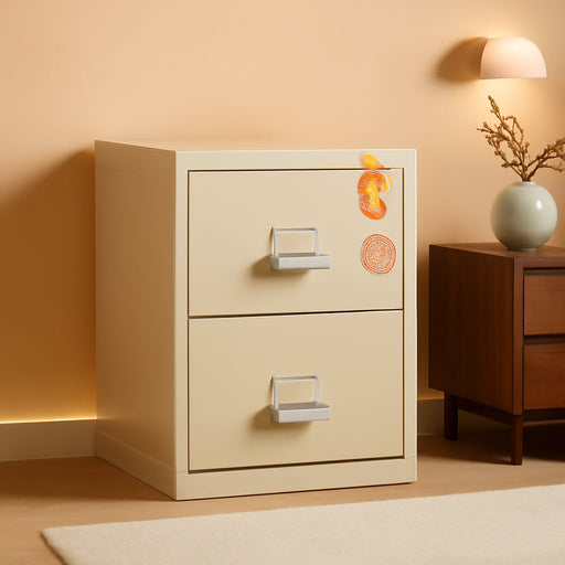 Fireproof Vertical File Cabinet (2 Letter Sized Drawers, Impact Resistant, Water Resistant), 27.75" H X 17.75" W X 25.06" D, Parchment