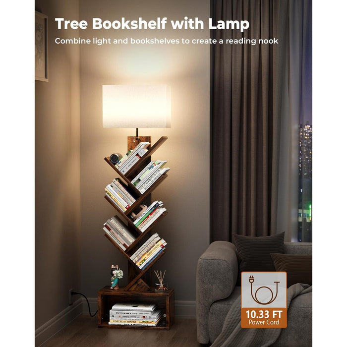 6 Tier Tree Bookshelf with Light, Narrow Bookcase Tower, Tall Floor Standing Book Organizer with Storage Cabinet for Living Room, Bedroom and Home Office, Rustic Brown