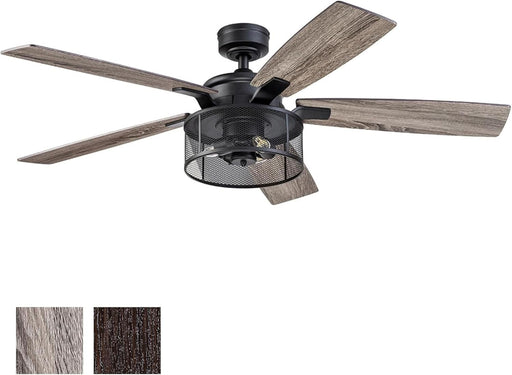 Ceiling Fans Carnegie Industrial 52 Inch Ceiling Fan with Light, Remote Control Fan, LED Indoor Fan with 5 Blades, Gray Pine and Brown Chestnut Blade Finish Options, Matte Black (50614-01)