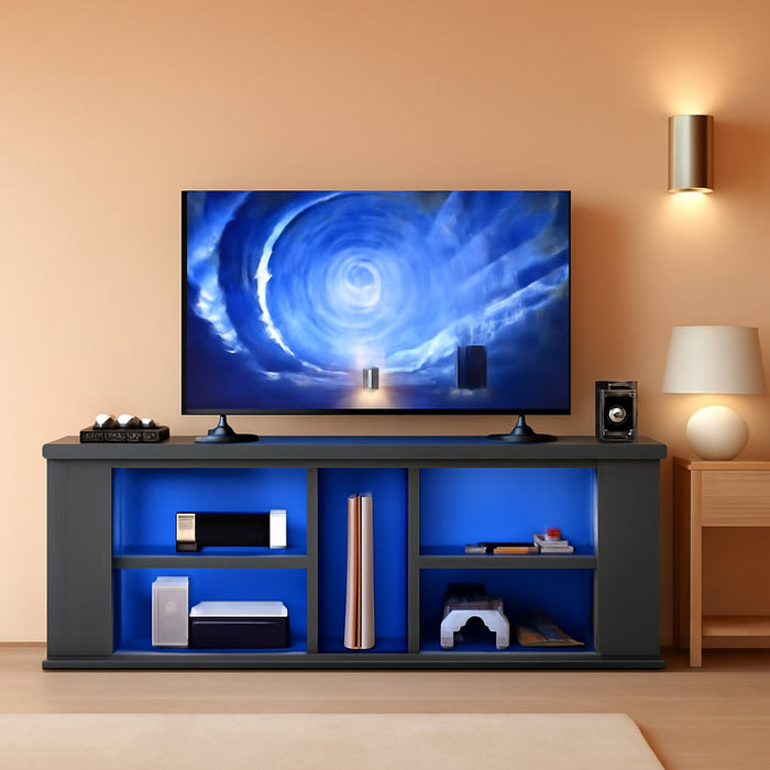 55" TV Stand for up to 65" Tvs with RGB LED Lights, Built-In Power Outlet, Adjustable Glass Shelves & Open Storage, Modern Media Console for Living Room & Game Room, Black MDS05UDBB