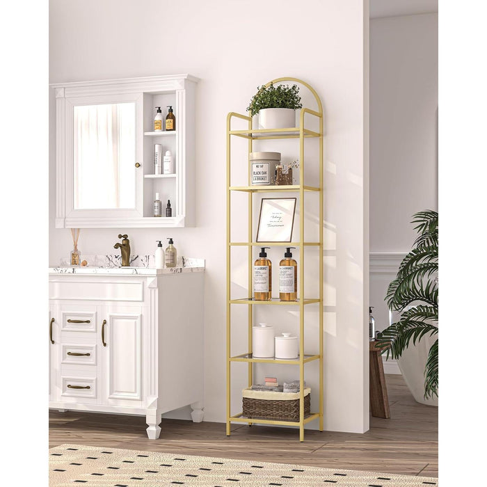 Bookcase Bookshelf, Tempered Glass Bookshelves, Slim Shelving Unit for Bedroom, Bathroom, Home Office, Steel Frame, 6 Tier Gold BC10601G