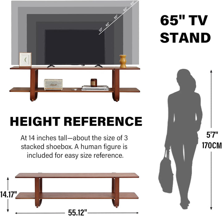 Bamboo TV Stand for up to 65 Inch, Mid Century Modern Entertainment Center with 2-Tier Open Shelves, Storage Media Console Table for Living Room, Bedroom, Walnut