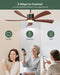 52" Premium Walnut Solid Wood Ceiling Fan with Light - Whisper-Quiet DC Motor, 6 Speeds, 3000K-6000K Dimmable LED, Remote Control with Timer, 2 Downrods for Indoor/Outdoor, A++ Energy Saving