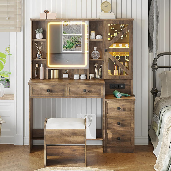Farmhouse Vanity Desk with Mirror and Lights, Makeup Vanity Set with Lights & Jewelry Cabinet & 5 Drawers, Vanity Table with Charging Station, Hidden Storage Space for Bedroom, Brown