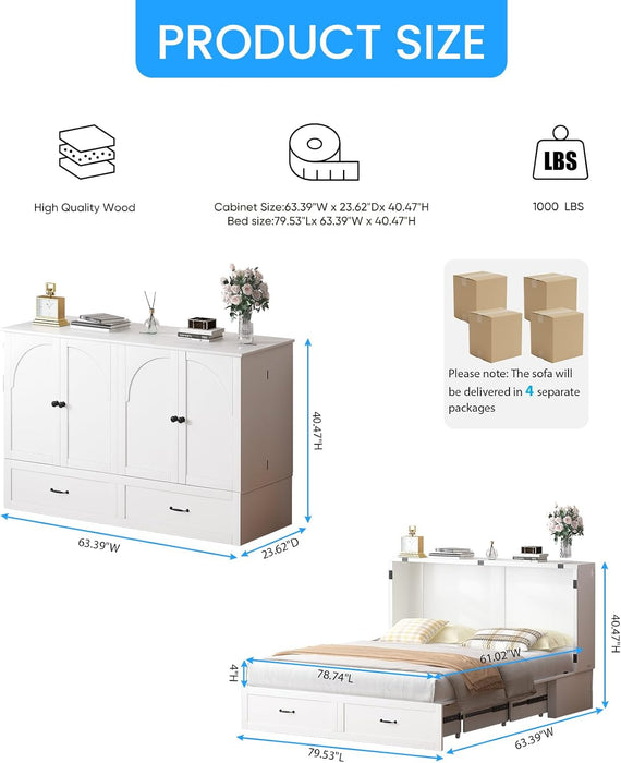 Queen Murphy Bed Cabinet Integrated Charging White