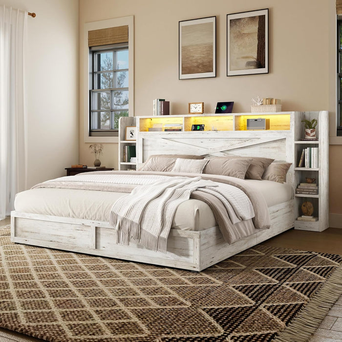 45'' Farmhouse Queen Bed Frame with Bookcase Headboard, LED Bed Frame with Side Shelves & Underbed Drawers, Wood Platform Bed with Charging Station, White