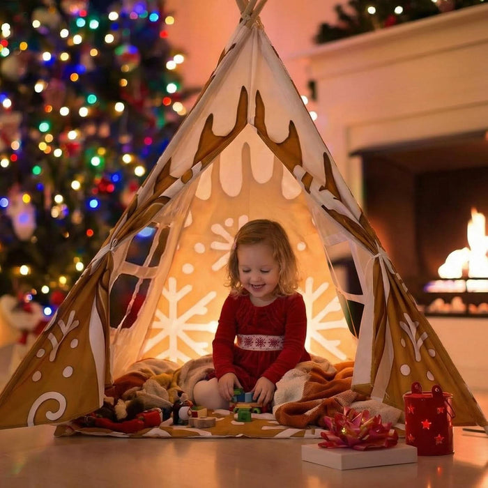 Christmas Gingerbread House Teepee Tent for Kids Gingerbread Play Tent Playhouse Decorations 47X47X55 Inch Foldable 5 Sides with Carry Bag for Toddler Indoor Outdoor Games Party Holiday
