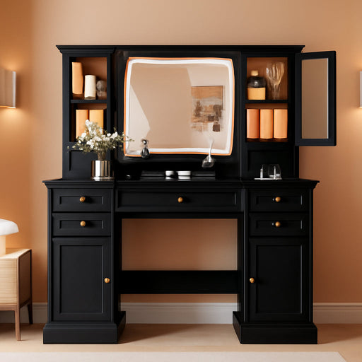 Vanity Desk with HD Lighted Mirror & Power Outlet, Farmhouse Makeup Vanity Table Set with Storage Drawers & RGB Cabinets, Large Dressing Table with 3 Lighting Modes for Women Girls Kids Bedroom, Black