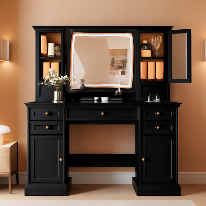 Vanity Desk with HD Lighted Mirror & Power Outlet, Farmhouse Makeup Vanity Table Set with Storage Drawers & RGB Cabinets, Large Dressing Table with 3 Lighting Modes for Women Girls Kids Bedroom, Black