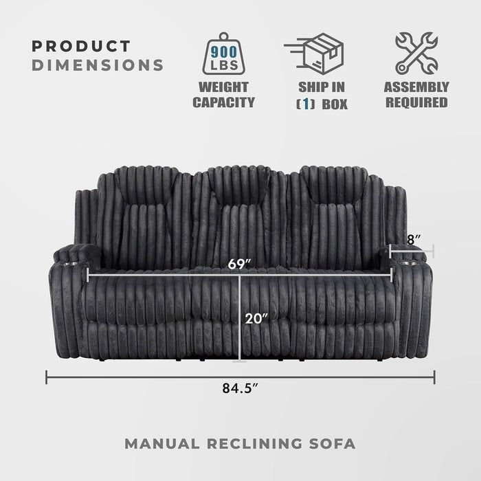 Manual Double Reclining Sofa, Corduroy Wall Hugger Manual 3 Seater Recliner Couch, Padded Armrests, Cup Holders for Living Room, Home Theater, Easy Assembly, Dark Gray