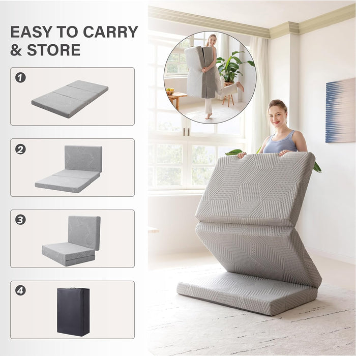 Tri-Fold Memory Foam Mattress, 4 Inch Queen Folding Mattress with Collapsible and Washable Cover, Travel and Guest Mat, 80"×60"×4", Grey