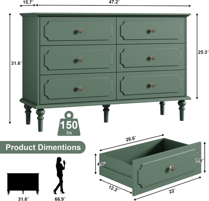 Dresser for Bedroom with 6 Drawers, 47" Vintage Chest of Drawers