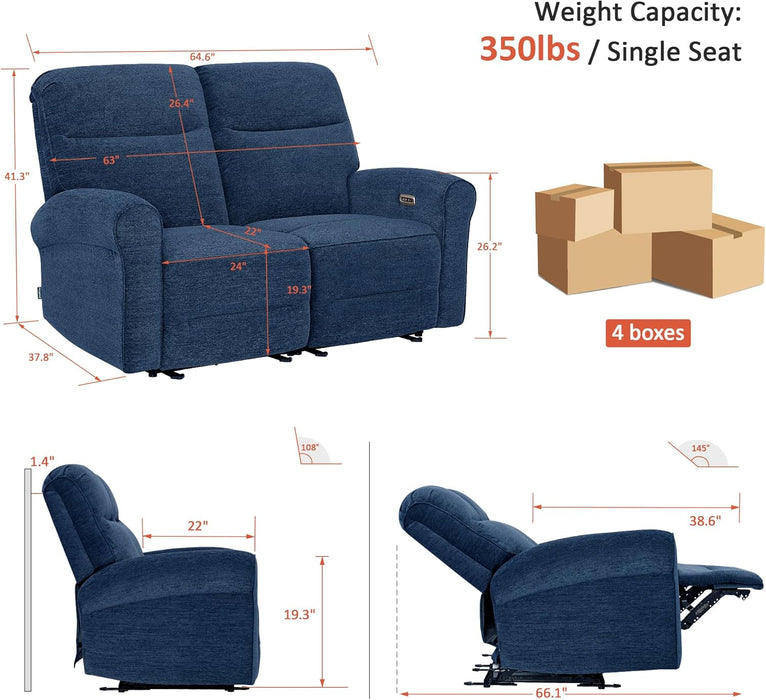 64.6" Wall Hugger Power Loveseat Recliner Sofa with USB Ports, Reclining Loveseat for Small Spaces Living Room RV, Fabric PR635M1 (Navy Blue)