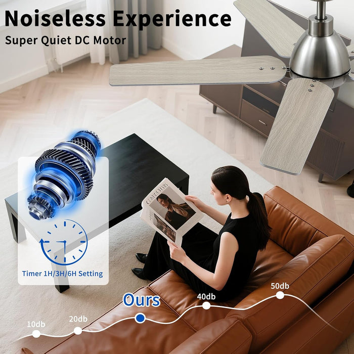 52 Inch Ceiling Fans with Lights and Remote, Brushed Nickel Modern Ceiling Fan for Bedroom, Living Room, Dining Room, Patio, 3CCT Dimmable 6 Speeds DC Quiet Reversible