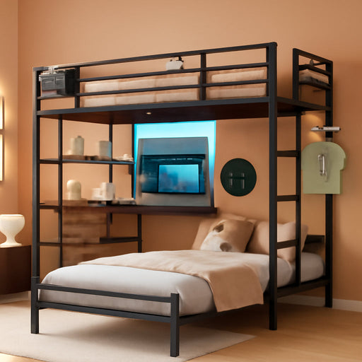Black ExtraLongXL Over Twin Bunk Bed WithLEDLightingStorage