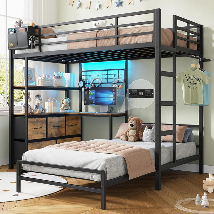 Black ExtraLongXL Over Twin Bunk Bed WithLEDLightingStorage