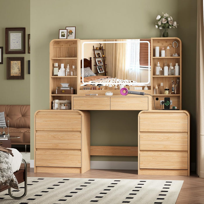 Large 62'' Makeup Vanity Desk with Mirror and Lights,Charging Station | Vanity with 8 Drawers, 6 Shelves, Smart LED Mirror, 3 Light Modes, Charging Hub, Stable Base, Spacious Storage