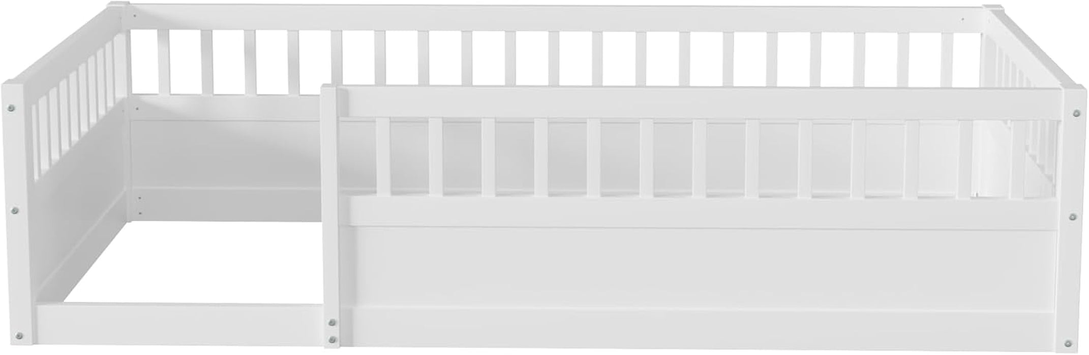 Twin Size Toddler Floor Bed with Safety Fence,Playhouse Floor Bed with High Rails for Children Bedroom,Montessori Bed with Sturdy Soild Wood Slats Guardrails (White, Twin)