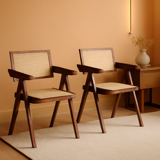 Rattan Dining Chairs Set of 2, Mid Century Modern Armchairs, Wooden Kitchen Chairs for Dining Room, Living Room, Walnut