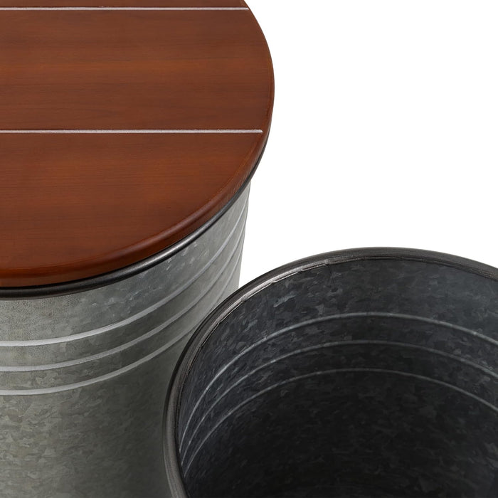 Rustic End Table Set of 2, Farmhouse Galvanized Metal Barrel Ottoman Storage Stool with round Wood Lid for Living Room Furniture, Grey