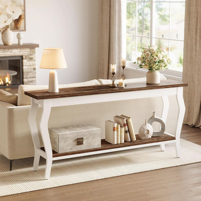 70.9 Inches Long Console Table, 2-Tier Vintage Wooden Sofa Table behind the Couch with Metal Legs for Hallway, Entryway, Living Room, Brown & White
