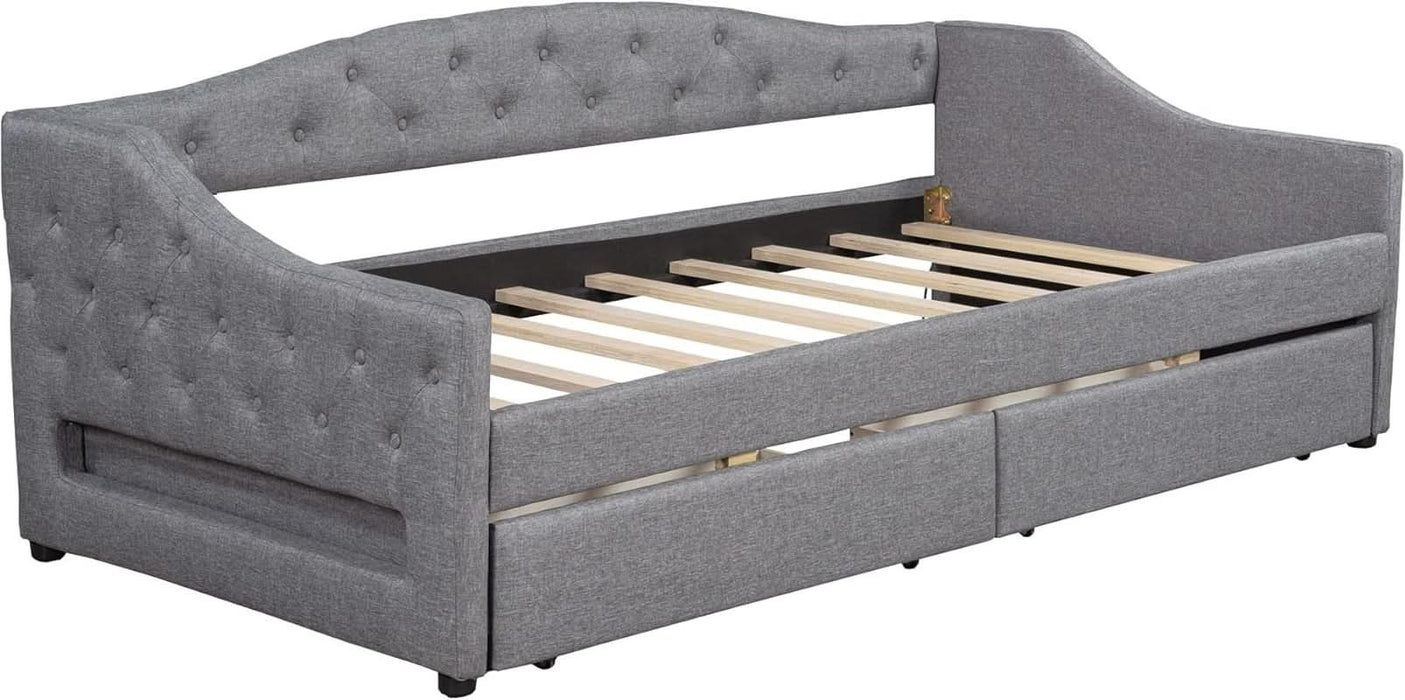 Twin XL Size Modern Upholstered Platform Bed with 2 Drawers, Linen Sofa Daybed with Wood Slat Support, Storage Bed Frame, Space Saving/Gray