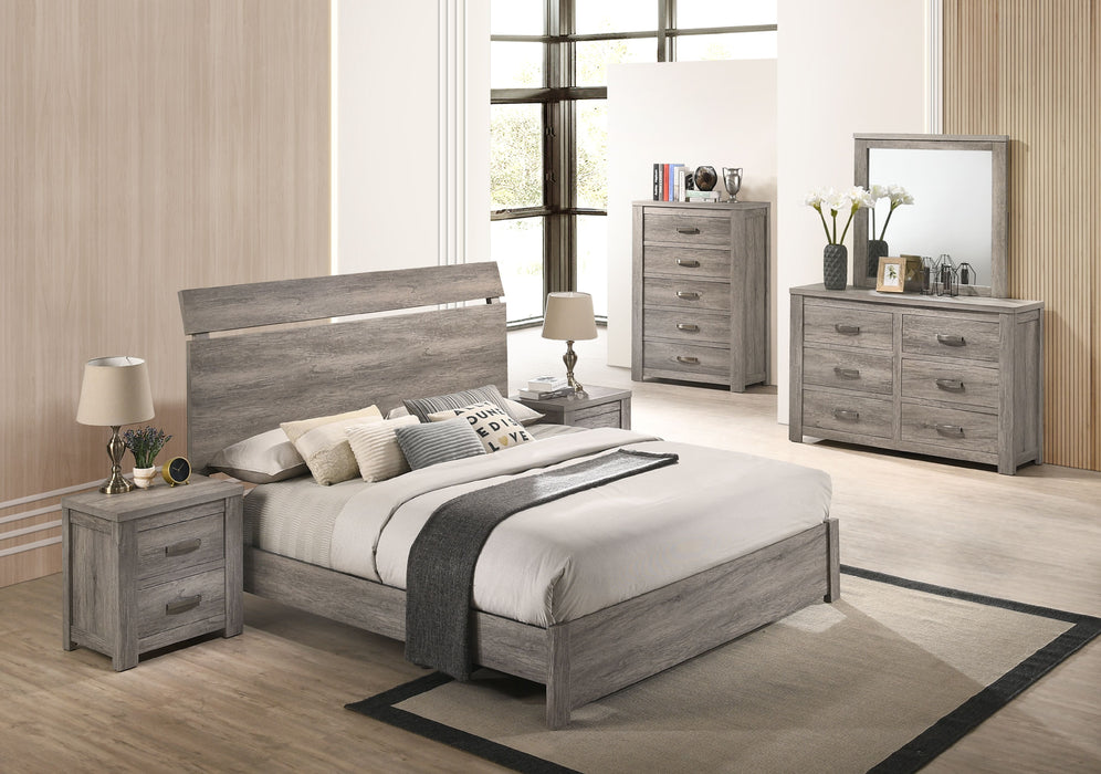 Floren Contemporary Weathered Gray Wood Bedroom Set, Queen Panel Bed, Dresser, Mirror, Two Nightstands, Chest