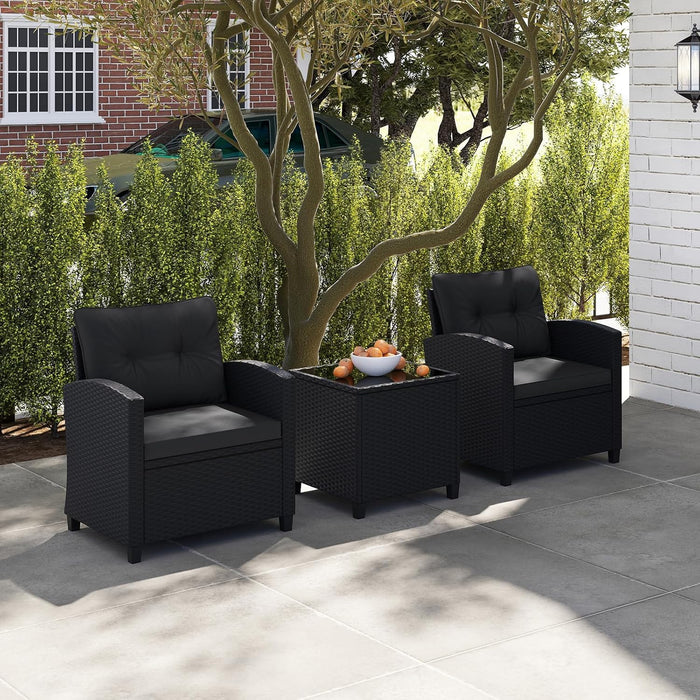 3 Pieces Patio Furniture Set, Wicker Conversation Set Outdoor Chairs with Cushions, Glass Coffee Table, Rattan Bistro Set for Front Porch Balcony Garden Deck Poolside (Black)