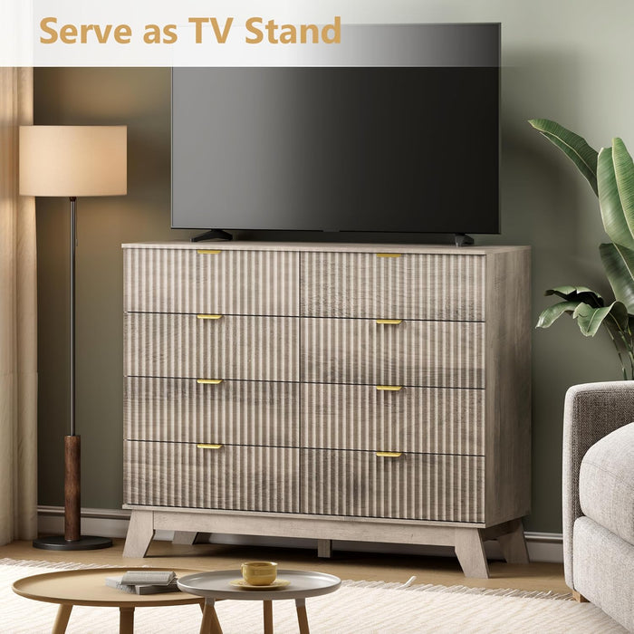 8 Drawer Fluted Dresser for Bedroom, Mid Century Modern Wooden Dresser with 8 Drawers, Dressers & Chests of Drawers with Metal Handle, TV Stand & Storage Organizer for Entryway, Hallway, Grey