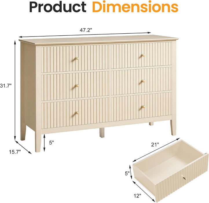 Beige 6 Drawer Dresser, Fluted Modern Wood Chest of Drawers, Long Dresser for Bedroom TV Stand Storage Cabinet for Living Room