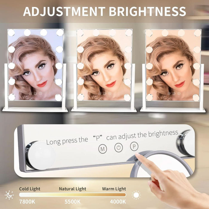 Hollywood Vanity Mirror with Lights, 12 Dimmable LED Bulbs Lighted Makeup Mirror with Detachable 10X Magnification Mirror, 1000Mah Rechargeable, 3 Color Lights, Touch Control