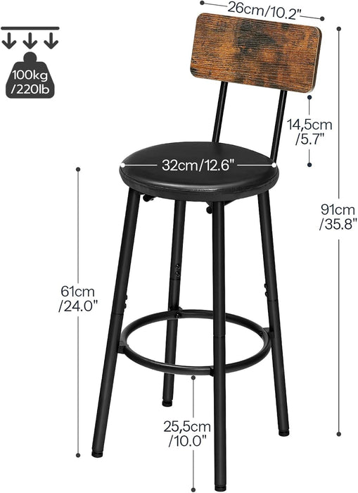Bar Stools, Bar Stools Set of 3 with PU Upholstered, Bar Chairs with Footrest and Back, 26" Barstools for Kitchen Sland, Dining Room, Easy to Assemble, Rustic Brown and Black BF31BYP301G2