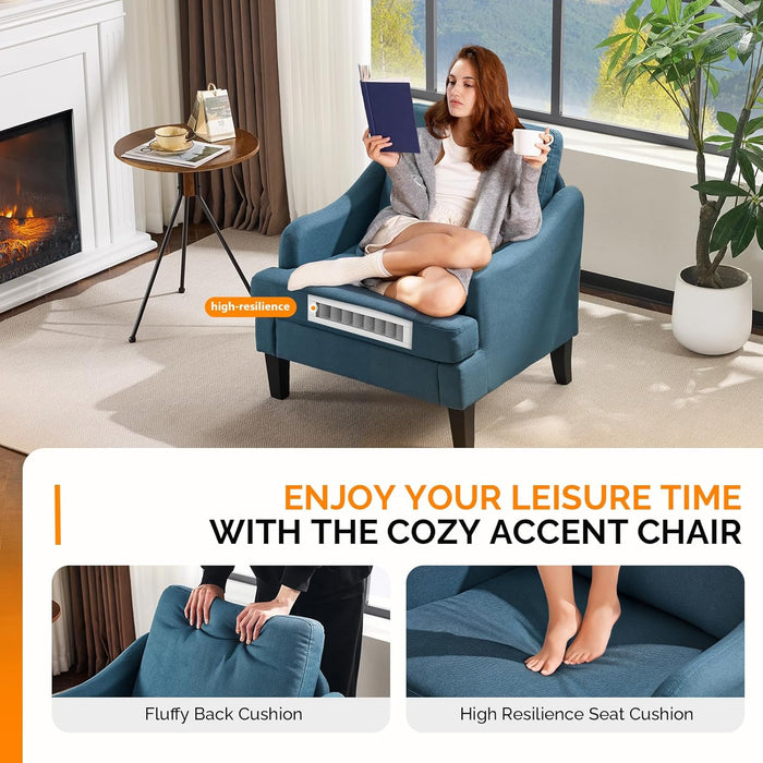 Linen Fabric Accent Chairs Set of 2, Navy Blue Modern Upholstered Armchair, Comfy Sofa Chair Living Room Bedroom Furniture for Apartment