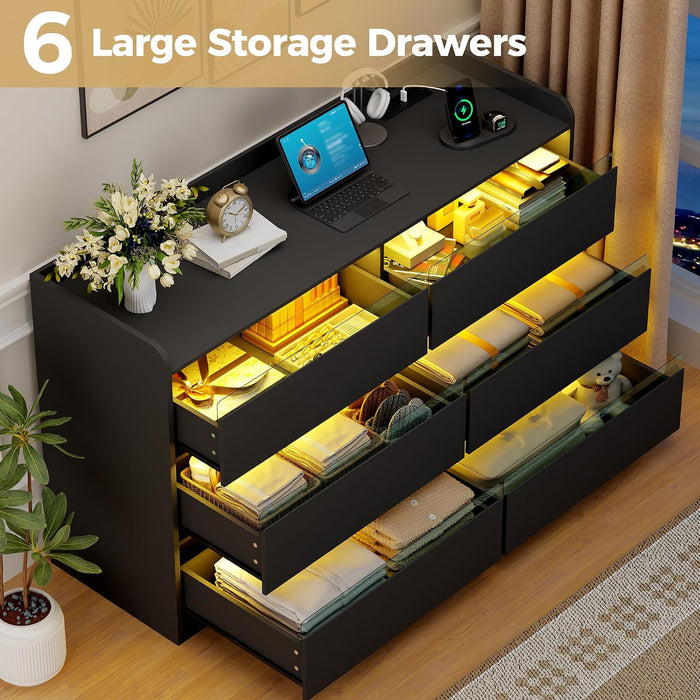 47.2" Modern Black Dresser with Power Outlet and LED Lights